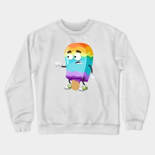 cartoon scared rainbow colors ice cream on a stick mascot in sneakers Crewneck Sweatshirt